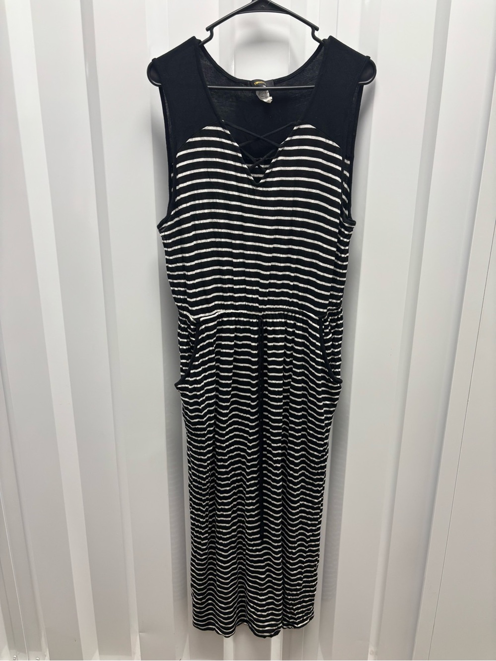 Espresso Black and White Striped Crisscross Neck Top